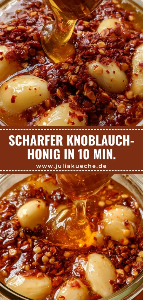 Scharfer Honig Rezept: Der ultimative Hot Honey mit Knoblauch und Chili 3 Nahaufnahme von Scharfer Honig Rezept in einem Glas, ein Honiglöffel wird herausgezogen, goldener Honig mit Knoblauchzehen und Chiliflocken.