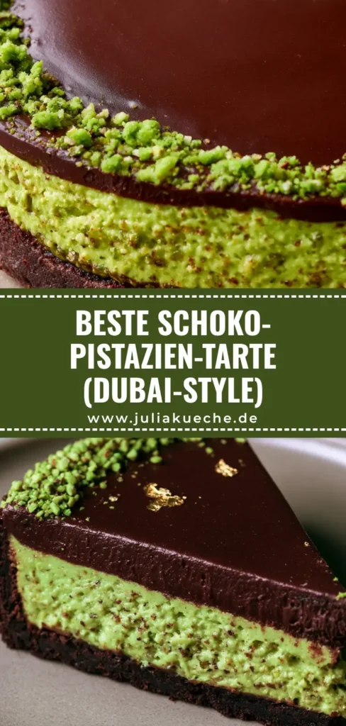 Draufsicht auf eine Gourmet Schoko-Pistazien-Tarte mit dunklem Boden, grüner Füllung und essbarem Gold auf einem grauen Teller.