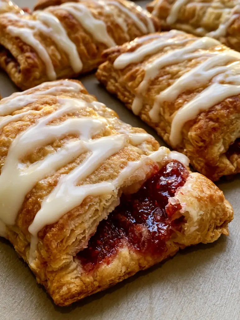 Nahaufnahme von frisch gebackenen, rechteckigen Toaster Strudeln aus Blätterteig mit Zickzack-Zuckerguss. (Toaster Strudel selber machen)