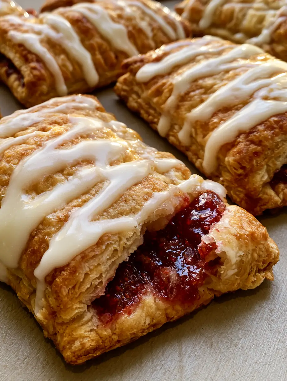 Nahaufnahme von frisch gebackenen, rechteckigen Toaster Strudeln aus Blätterteig mit Zickzack-Zuckerguss. (Toaster Strudel selber machen)