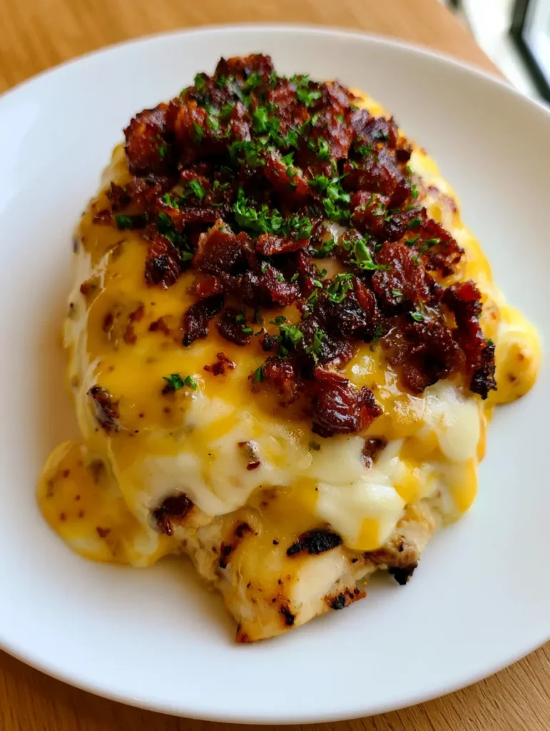Alice Springs Hähnchen Rezept: Die ultimative Outback Copycat Anleitung 1 Servierfertiges Alice Springs Hähnchen Rezept mit viel Bacon und frischer Petersilie auf einem Holzuntergrund.