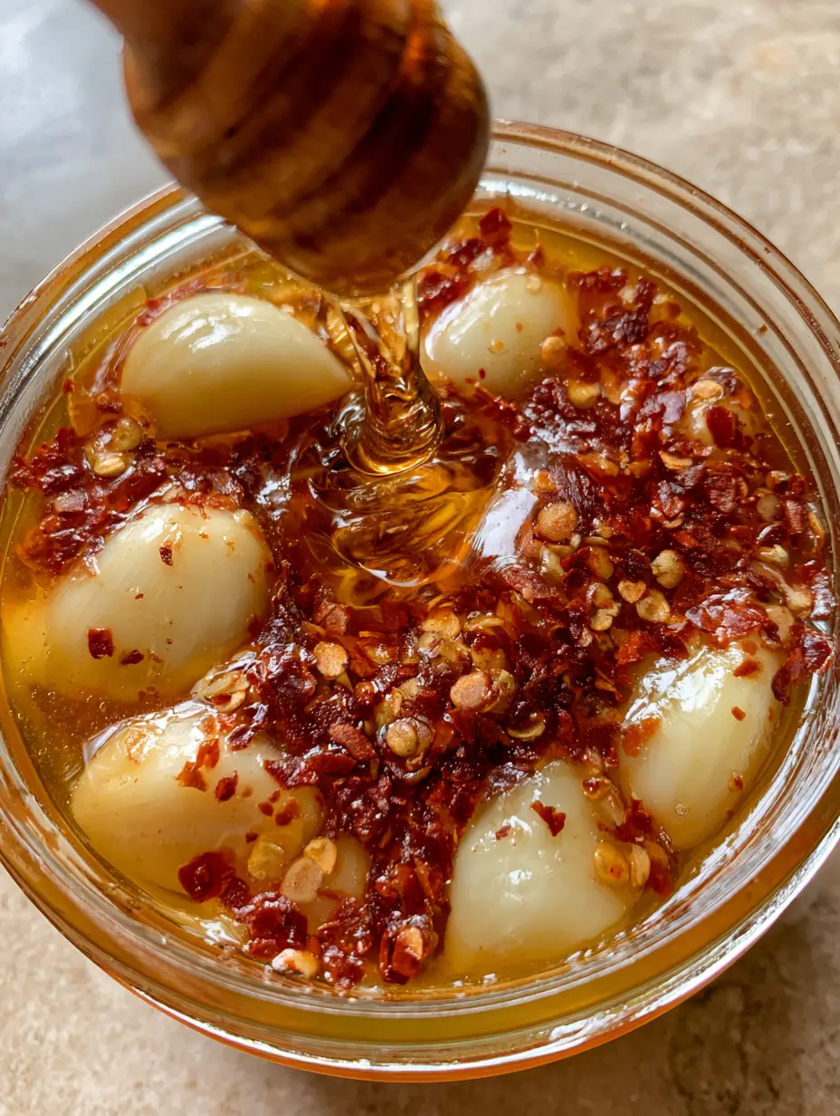 Scharfer Honig Rezept: Der ultimative Hot Honey mit Knoblauch und Chili 4 Ein rundes Glas gefüllt mit goldenem Honig, ganzen Knoblauchzehen und roten Chiliflocken für das Scharfer Honig Rezept.