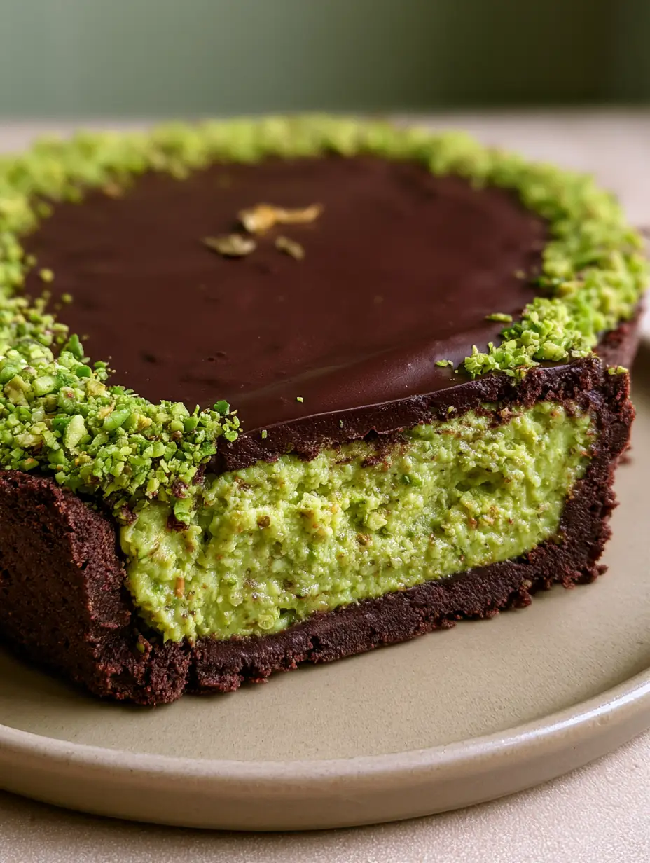 Nahaufnahme der Schichten einer Schoko-Pistazien-Tarte: Kakao-Mürbeteig, grüne Creme und dunkle Ganache.