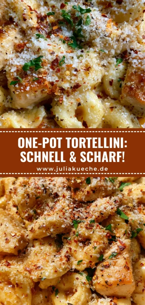 One-Pot Tortellini Rezept: Cremige Knoblauch-Butter-Pasta mit Hähnchen 4 Rustikale Schale mit One-Pot Tortellini Rezept, goldenem Hähnchen und glänzender Knoblauch-Butter-Sauce, bestreut mit Parmesan und Petersilie.
