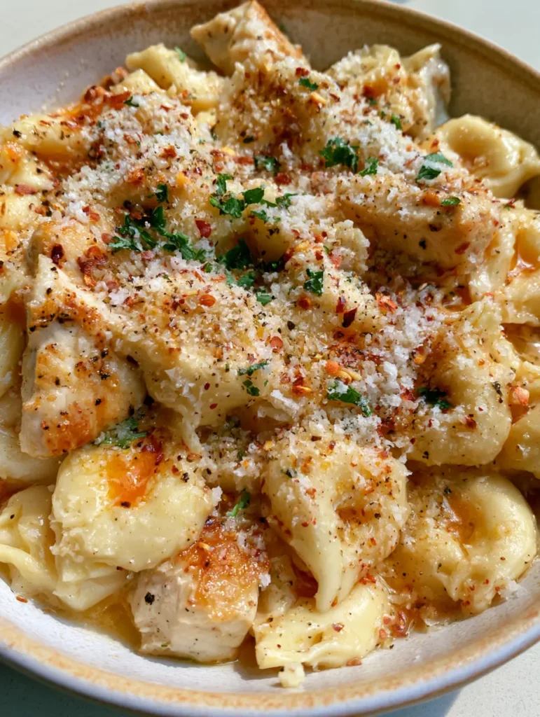 One-Pot Tortellini Rezept: Cremige Knoblauch-Butter-Pasta mit Hähnchen 2 Nahaufnahme von One-Pot Tortellini Rezept mit Käsefüllung und saftigen Hähnchenstücken in einer Chiliflocken-Butter-Sauce.