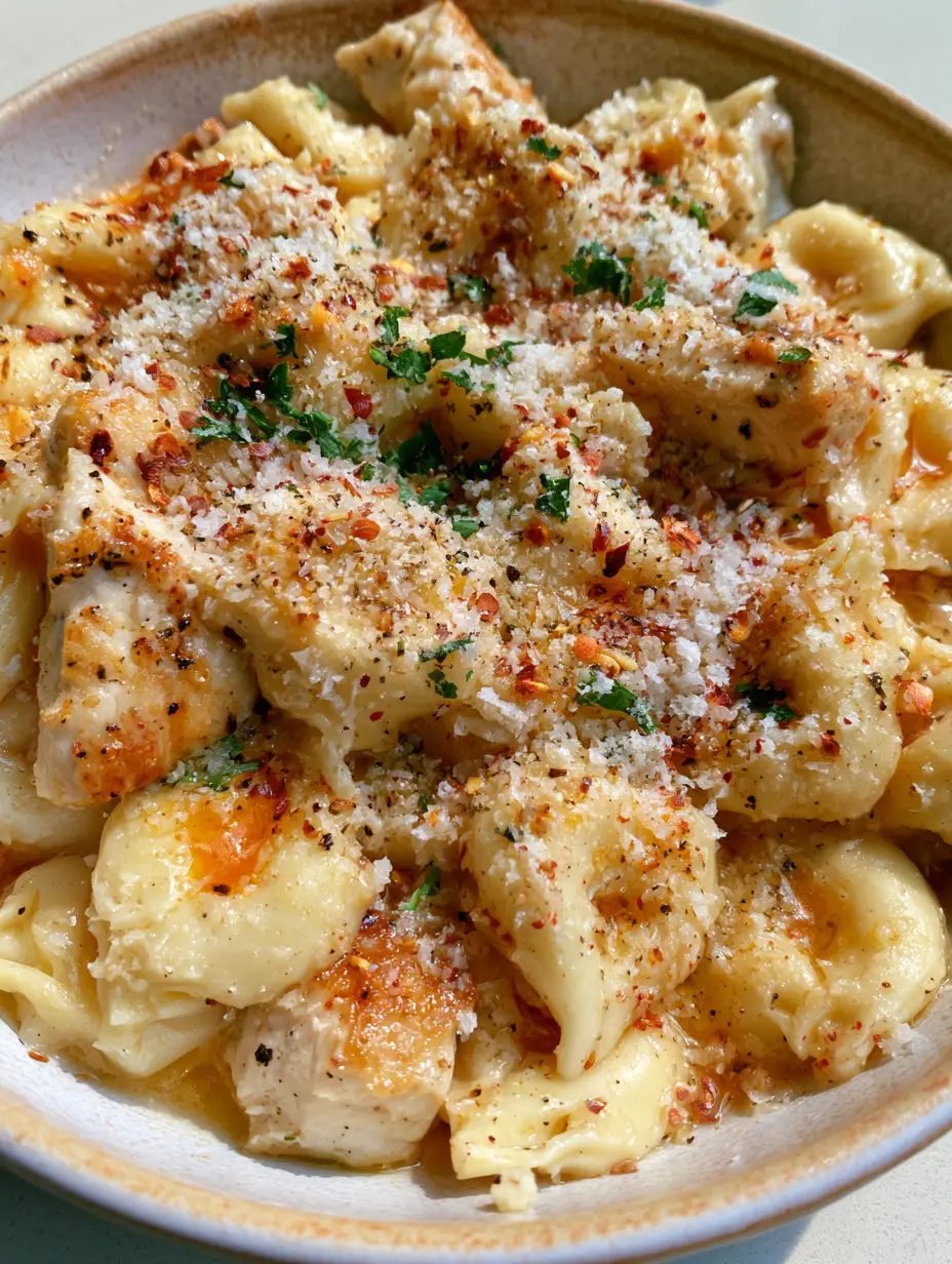 One-Pot Tortellini Rezept: Cremige Knoblauch-Butter-Pasta mit Hähnchen 3 Nahaufnahme von One-Pot Tortellini Rezept mit Käsefüllung und saftigen Hähnchenstücken in einer Chiliflocken-Butter-Sauce.
