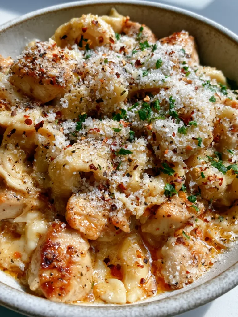 One-Pot Tortellini Rezept: Cremige Knoblauch-Butter-Pasta mit Hähnchen 1 Handgehaltenes Foto einer Schüssel mit One-Pot Tortellini Rezept, reichlich Parmesan und frischer Petersilie in natürlichem Licht.