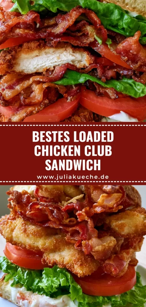 Ein hoch gestapeltes Loaded Chicken Club Sandwich auf einem weißen Teller mit knusprigem Hähnchen und Bacon.
