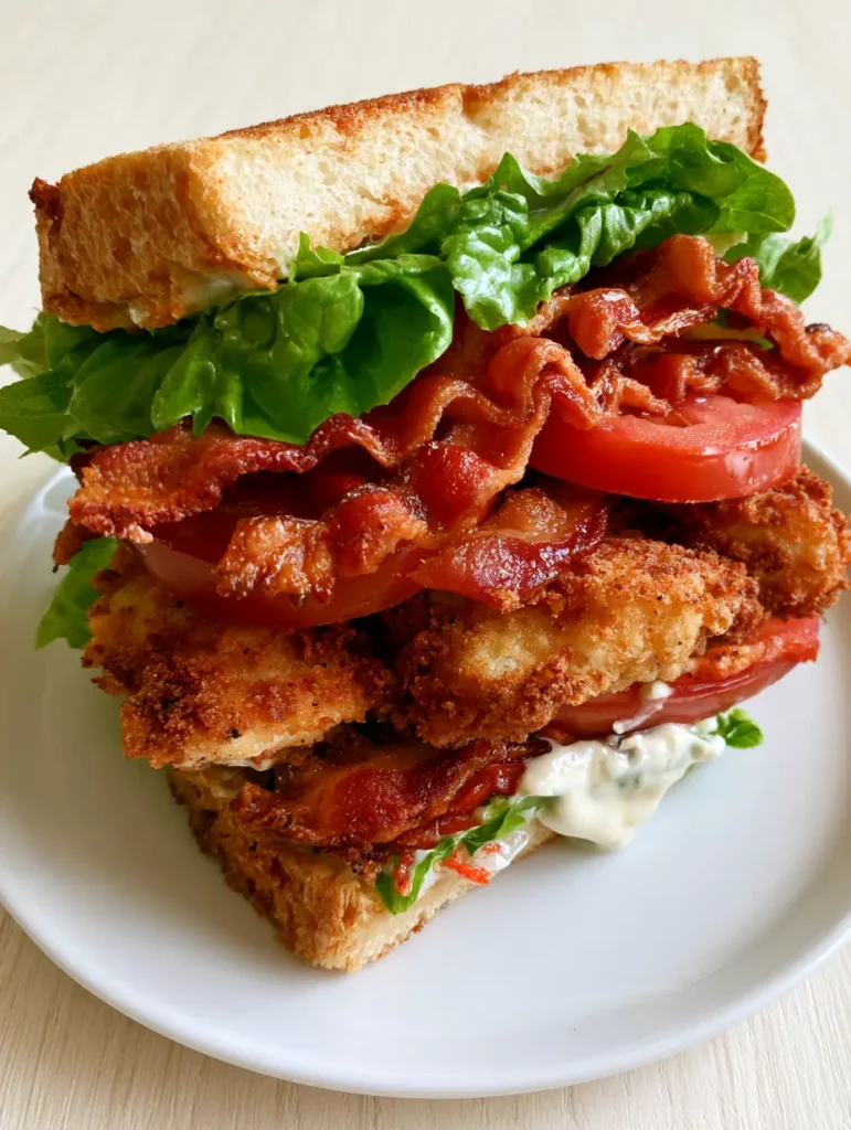 Nahaufnahme eines Loaded Chicken Club Sandwich mit triefender Aioli Sauce und Panko-Hähnchen.