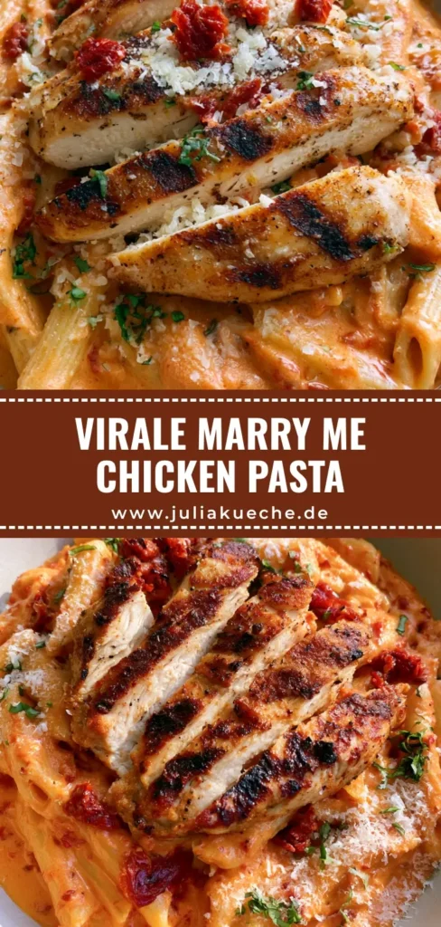 Nahaufnahme von Marry Me Chicken Pasta mit Penne, cremiger Tomatensauce, goldbraun gebratenem Hähnchen, Parmesan und frischem Basilikum in einer Keramikschale.