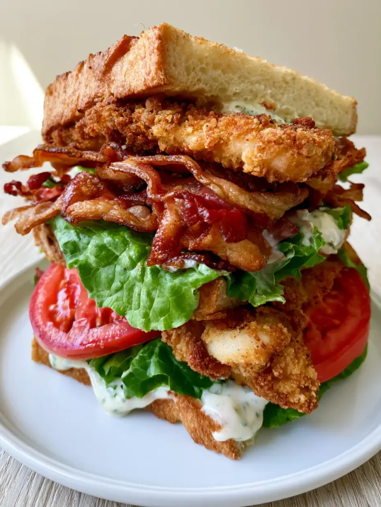 Vogelperspektive auf zwei Hälften eines Loaded Chicken Club Sandwich auf Sauerteigbrot.