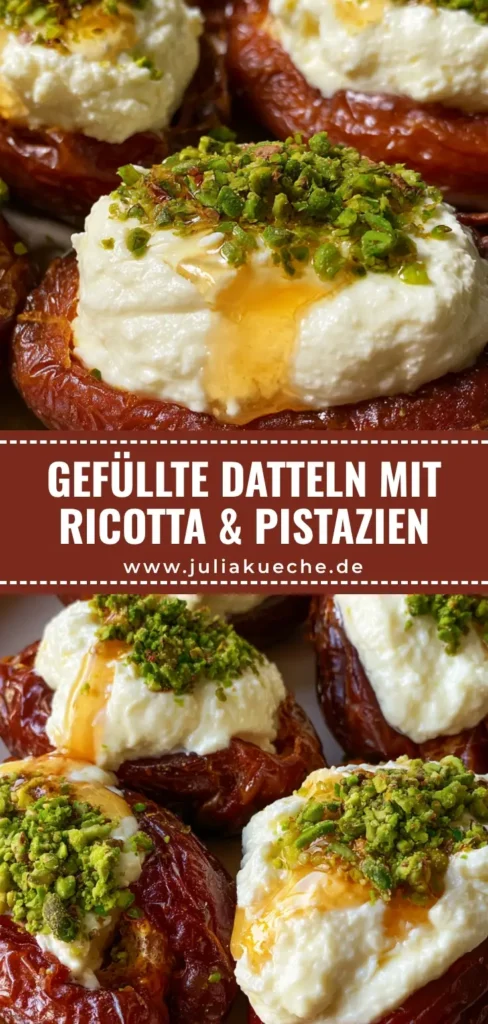 Mehrere große Medjool Datteln auf einem Keramikteller, gefüllt mit weißem Ricotta, Honig-Drizzle und grünen Pistazien.