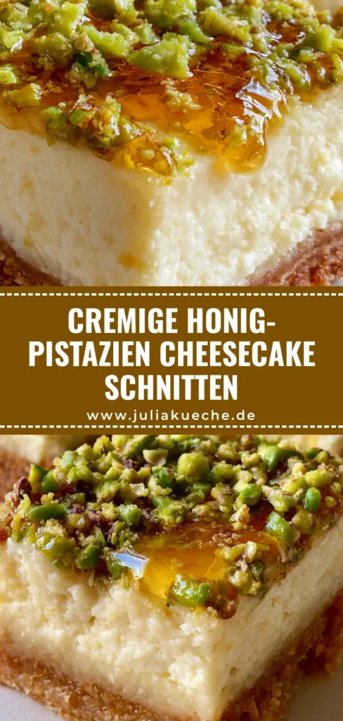 Honig-Pistazien-Cheesecake-Schnitten: Das ultimative Rezept für cremigen Genuss 3 Nahaufnahme von Honig-Pistazien-Cheesecake-Schnitten mit grünem Pistazien-Topping und Honig-Drizzle.