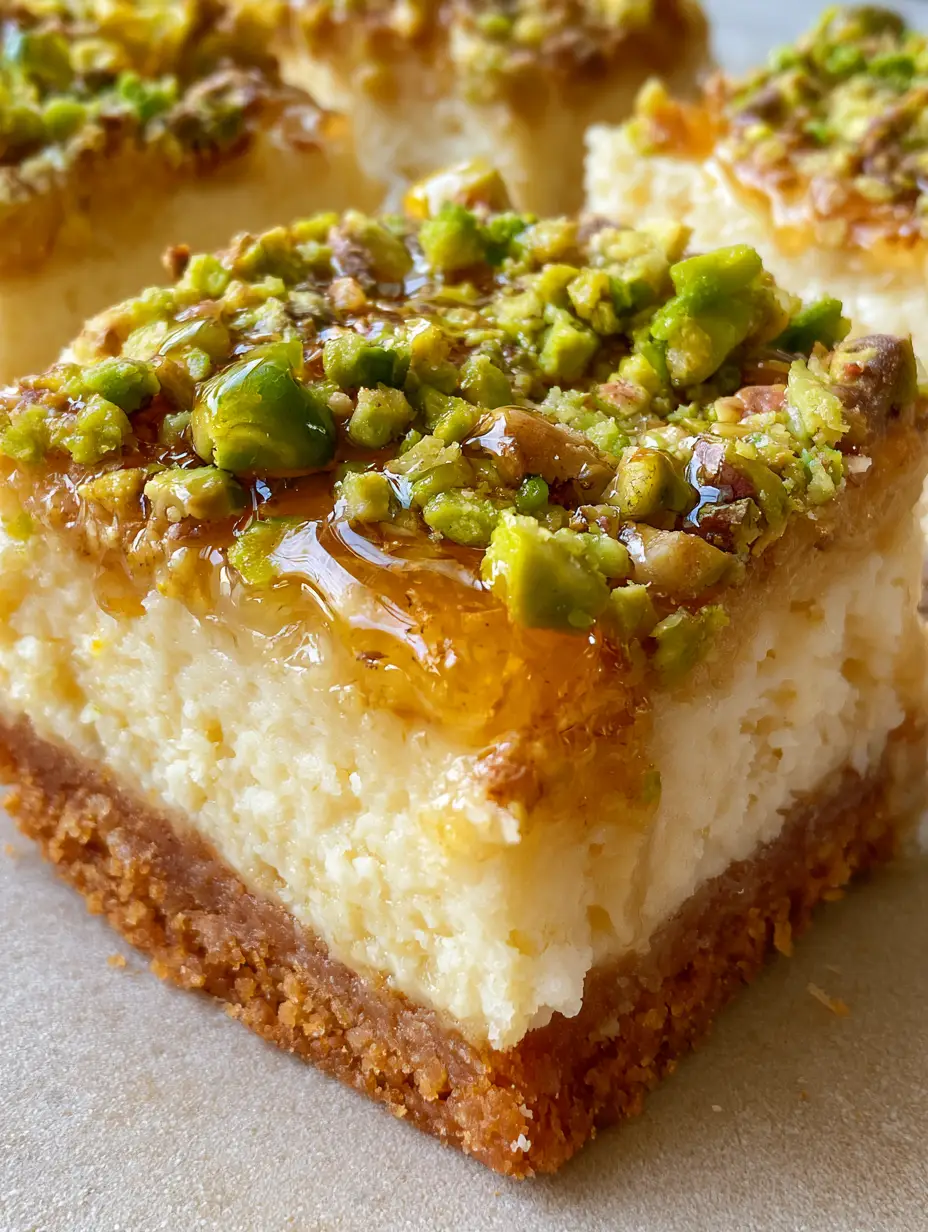 Honig-Pistazien-Cheesecake-Schnitten: Das ultimative Rezept für cremigen Genuss 4 Ein Handheld-Foto von cremigen Honig-Pistazien-Cheesecake-Schnitten auf hellem Untergrund.