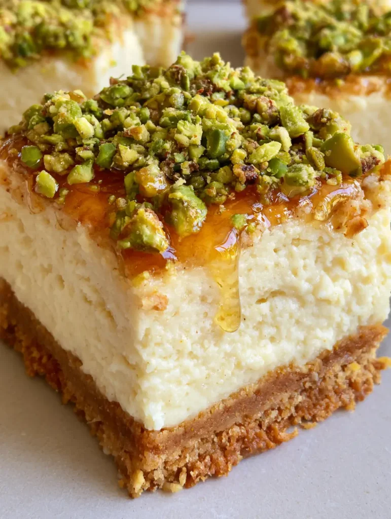 Honig-Pistazien-Cheesecake-Schnitten: Das ultimative Rezept für cremigen Genuss 1 Schnittfläche der Honig-Pistazien-Cheesecake-Schnitten mit deutlichen Schichten aus Keks und Creme.