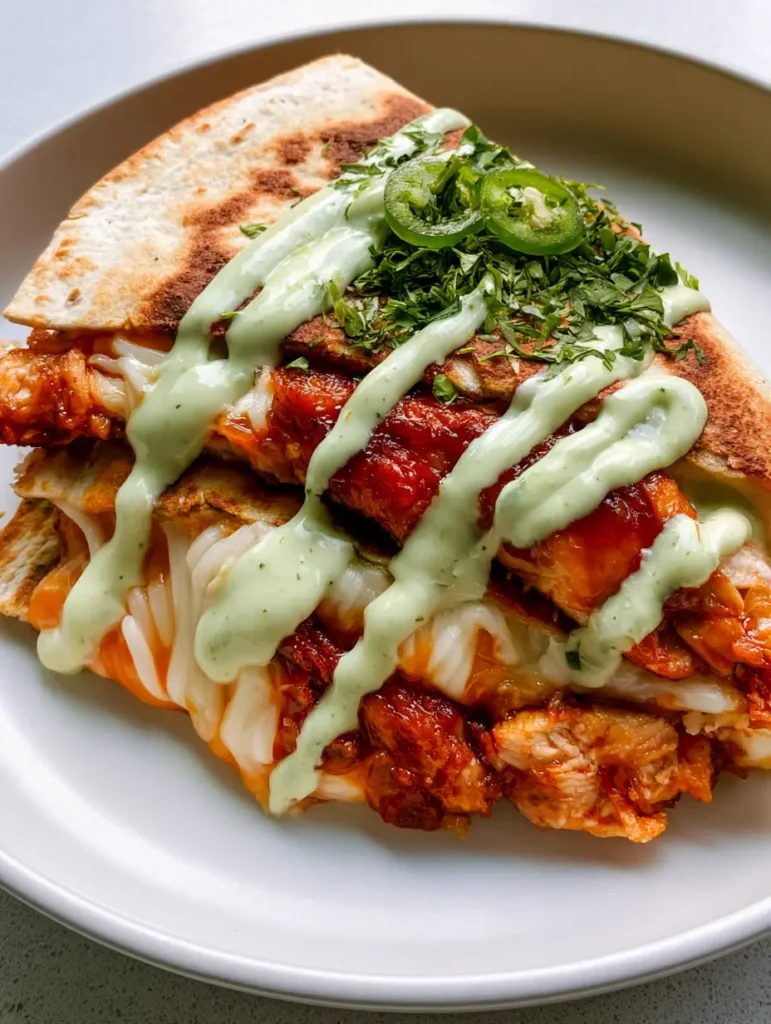 Hot Honey Hähnchen Quesadillas: Das ultimative süß-scharfe Comfort Food 2 Nahaufnahme einer aufgeschnittenen Quesadilla mit glänzendem Hot Honey Hähnchen und Käsefäden.
