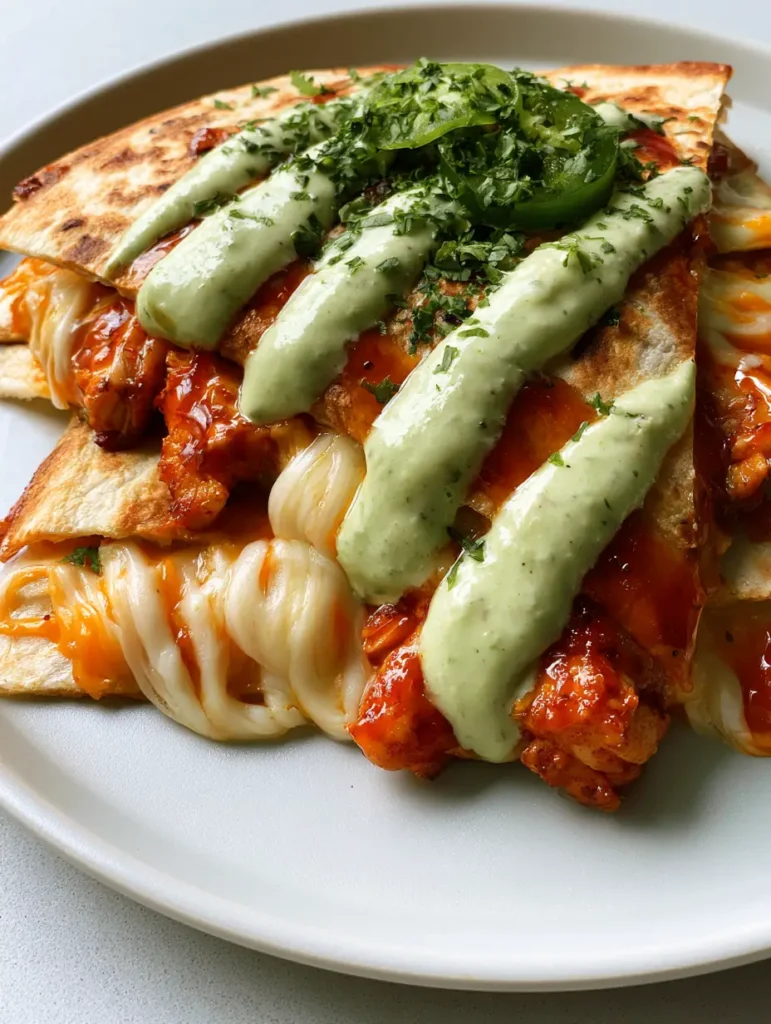 Hot Honey Hähnchen Quesadillas: Das ultimative süß-scharfe Comfort Food 1 Zwei Quesadilla-Dreiecke auf einem weißen Teller, garniert mit Koriander und Jalapeños.