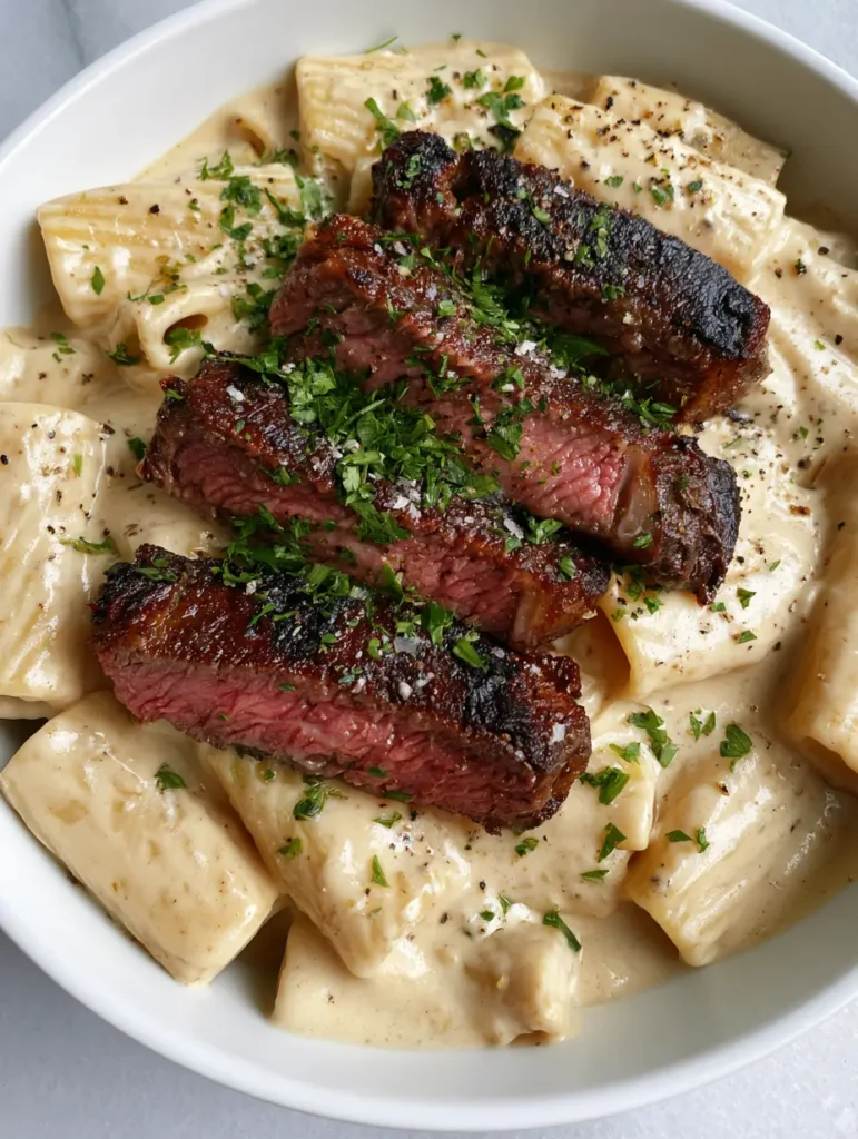 Steak Pasta Rezept: Cremige Rigatoni mit perfekt gebratenem Rindersteak 1 Steak Pasta Rezept serviert in einer Keramikschüssel auf grauem Steinuntergrund.