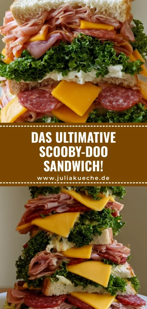 Scooby-Doo Sandwich: Das ultimative Riesen-Sandwich Rezept 4 Ein extrem hohes Scooby-Doo Sandwich mit vielen Schichten aus Schinken, Salami, Käse und Salat, dekoriert mit Oliven-Augen auf Holzspießen.