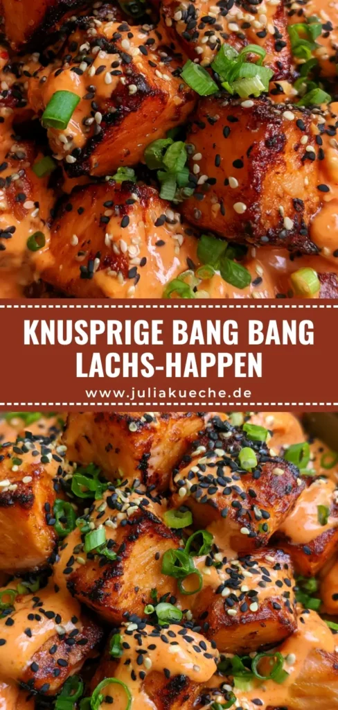 Bang Bang Lachs: Knusprige Lachs-Bites in cremiger Sriracha-Mayo 4 Knusprige Bang Bang Lachs Würfel mit cremiger Sriracha-Sauce, Sesam und Frühlingszwiebeln in einer dunklen Schüssel.