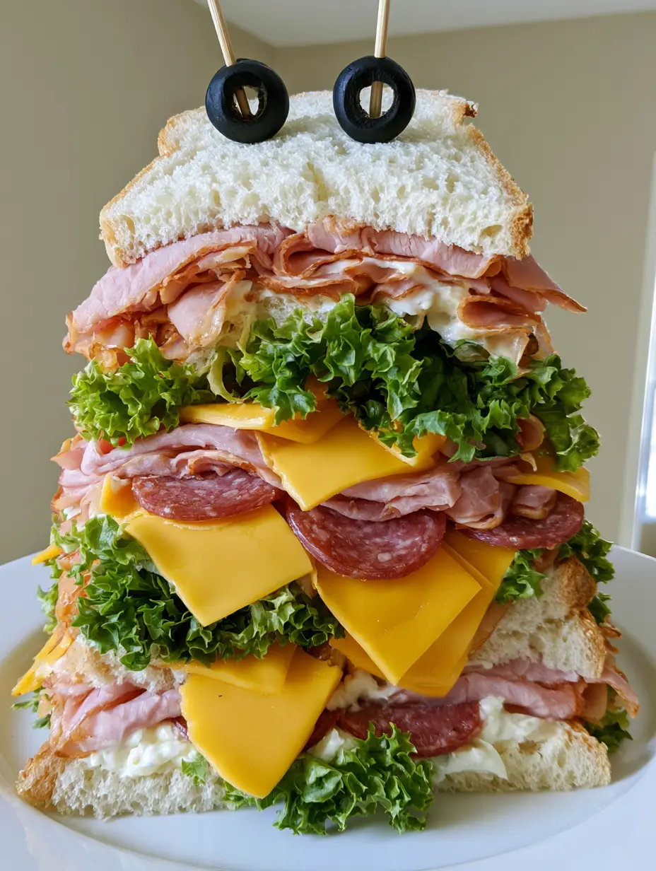 Scooby-Doo Sandwich: Das ultimative Riesen-Sandwich Rezept 3 Nahaufnahme eines riesigen mehrstöckigen Scooby-Doo Sandwiches in der Hand gehalten, realistische Food-Fotografie.