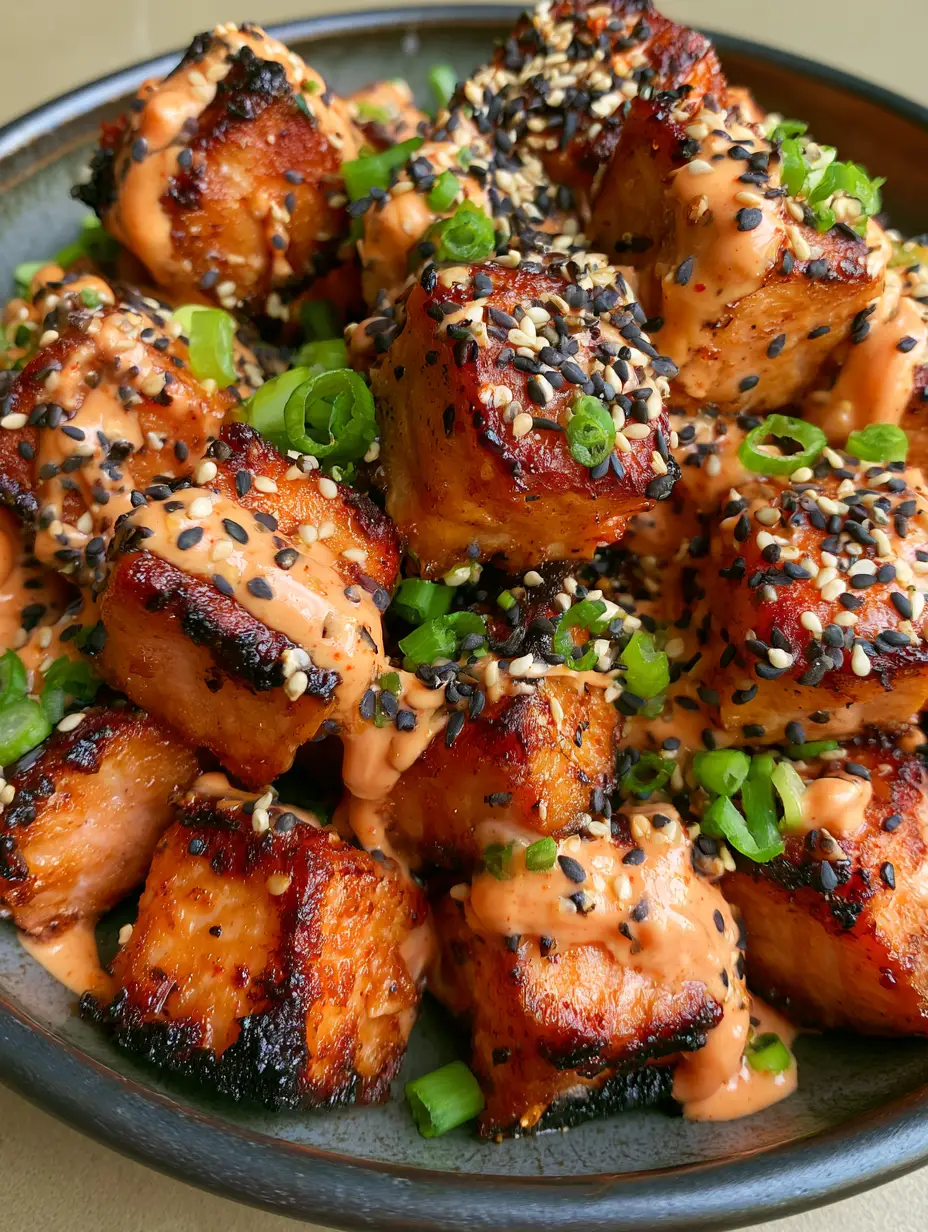 Bang Bang Lachs: Knusprige Lachs-Bites in cremiger Sriracha-Mayo 3 Nahaufnahme von goldbraun gebratenen Lachs-Bites mit orangefarbener Bang Bang Sauce und schwarzem Sesam.