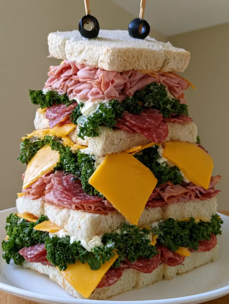 Scooby-Doo Sandwich: Das ultimative Riesen-Sandwich Rezept 1 Seitliche Ansicht eines impossibel hohen Sandwiches mit Käse, Fleisch und Oliven-Deko auf einem weißen Teller.