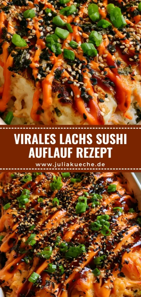 Lachs Sushi Auflauf: Das ultimative Viral-Rezept für Sushi-Fans 4 Ein köstlicher Lachs Sushi Auflauf in einer weißen Form, garniert mit Sriracha-Mayo, Unagi-Sauce und Frühlingszwiebeln.
