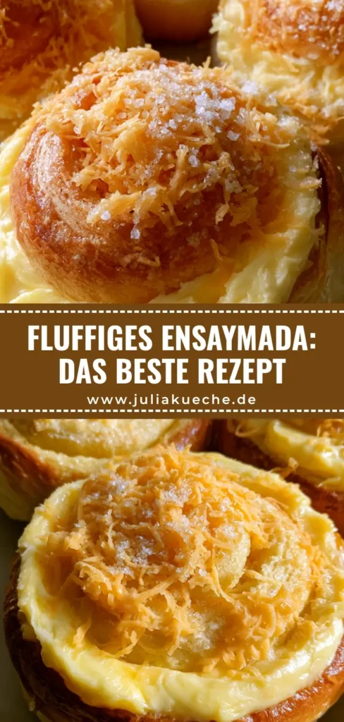 Nahaufnahme von goldbraunen Ensaymada Brioche-Brötchen mit Butter, Cheddar-Käse und Zucker auf einem Keramikteller. (Ensaymada Rezept)