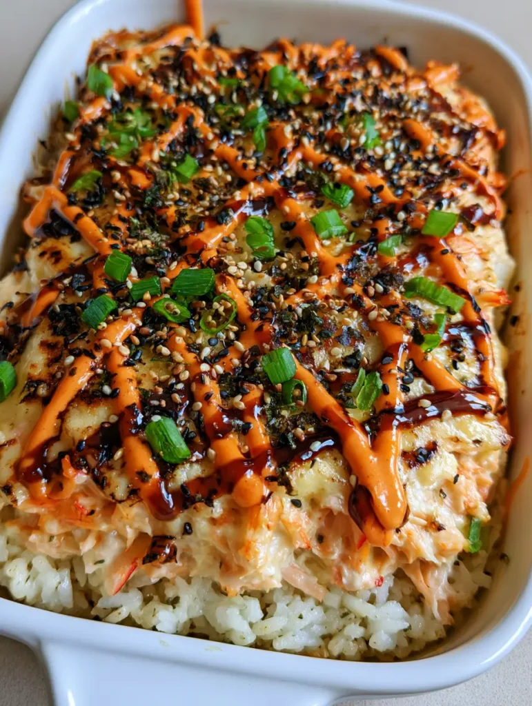 Lachs Sushi Auflauf: Das ultimative Viral-Rezept für Sushi-Fans 2 Draufsicht auf einen Lachs Sushi Auflauf mit einem perfekten Gittermuster aus Saucen und viel Sesam.