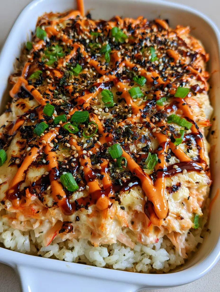 Lachs Sushi Auflauf: Das ultimative Viral-Rezept für Sushi-Fans 3 Draufsicht auf einen Lachs Sushi Auflauf mit einem perfekten Gittermuster aus Saucen und viel Sesam.