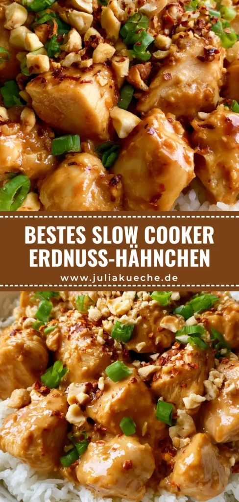 Slow Cooker Erdnuss-Hähnchen: Das ultimative Rezept für cremigen Genuss 3 Nahaufnahme von Slow Cooker Erdnuss-Hähnchen auf Jasminreis in einer weißen Schüssel, garniert mit Erdnüssen und Frühlingszwiebeln.