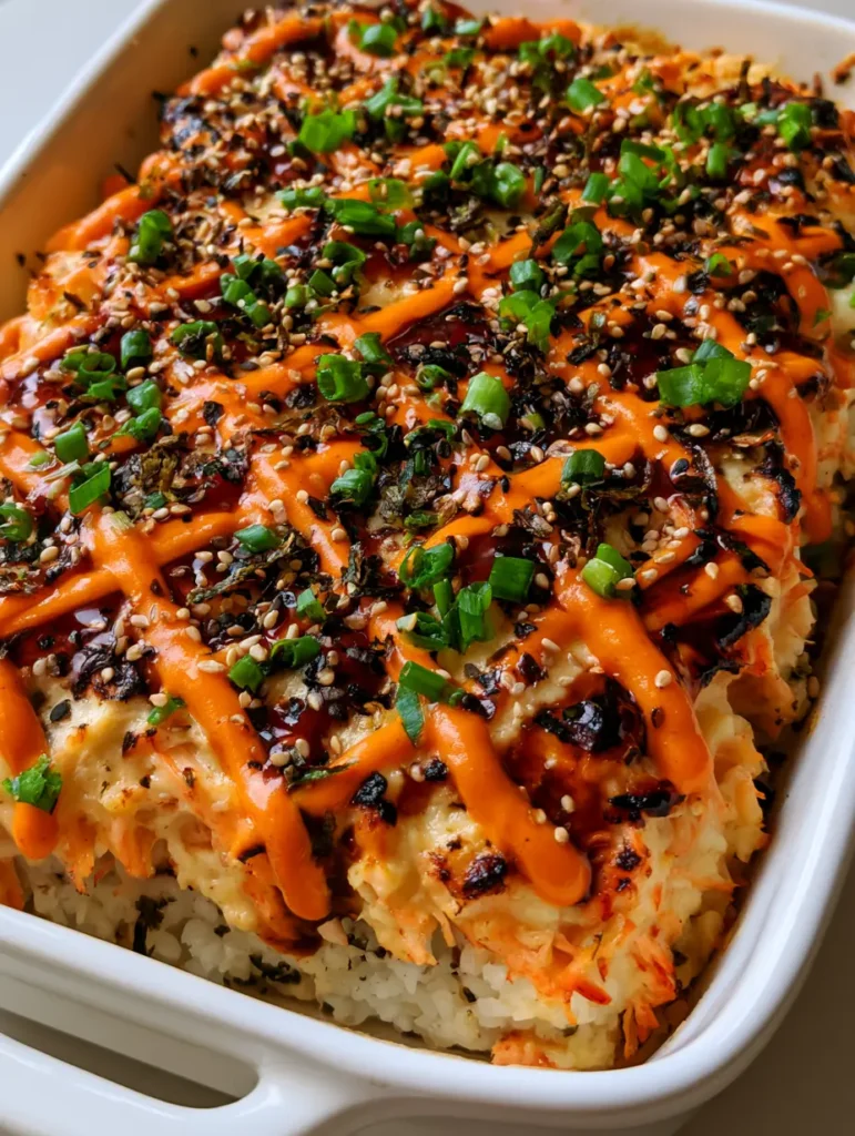 Lachs Sushi Auflauf: Das ultimative Viral-Rezept für Sushi-Fans 1 Nahaufnahme der cremigen Schichten des Lachs Sushi Auflaufs mit Nori-Flocken.