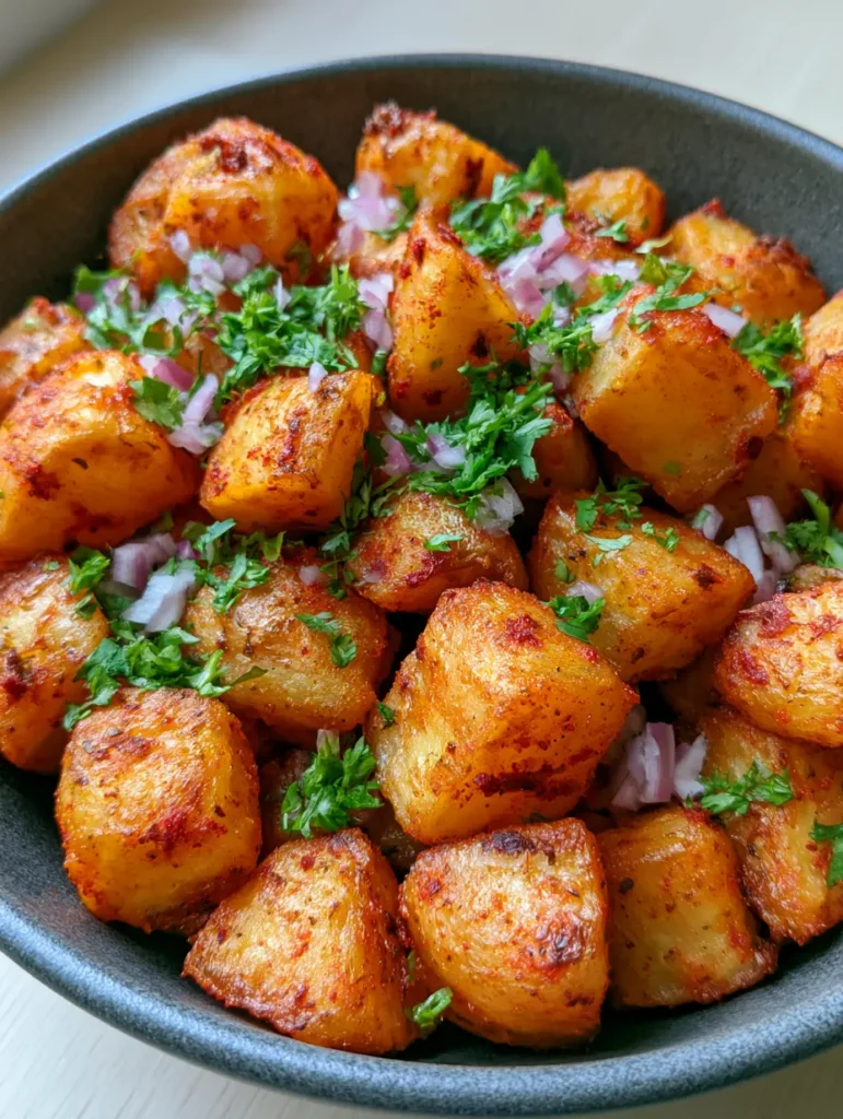 Mexikanische Kartoffeln: Knusprige Röstkartoffeln mit geräucherter Paprika 1 Draufsicht auf Mexikanische Kartoffeln in einer dunklen Schüssel auf hellem Holzgrund.