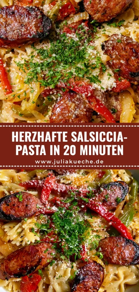 Draufsicht auf eine weiße Schüssel mit Italienischer Salsiccia mit Farfalle, Paprika, Zwiebeln und Parmesan-Garnitur.
