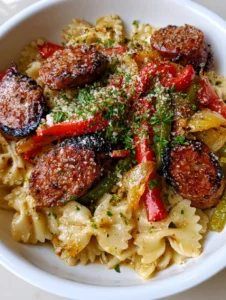 Nahaufnahme von Italienischer Salsiccia mit Farfalle in einer Keramikschüssel mit Petersilie und Parmesan.