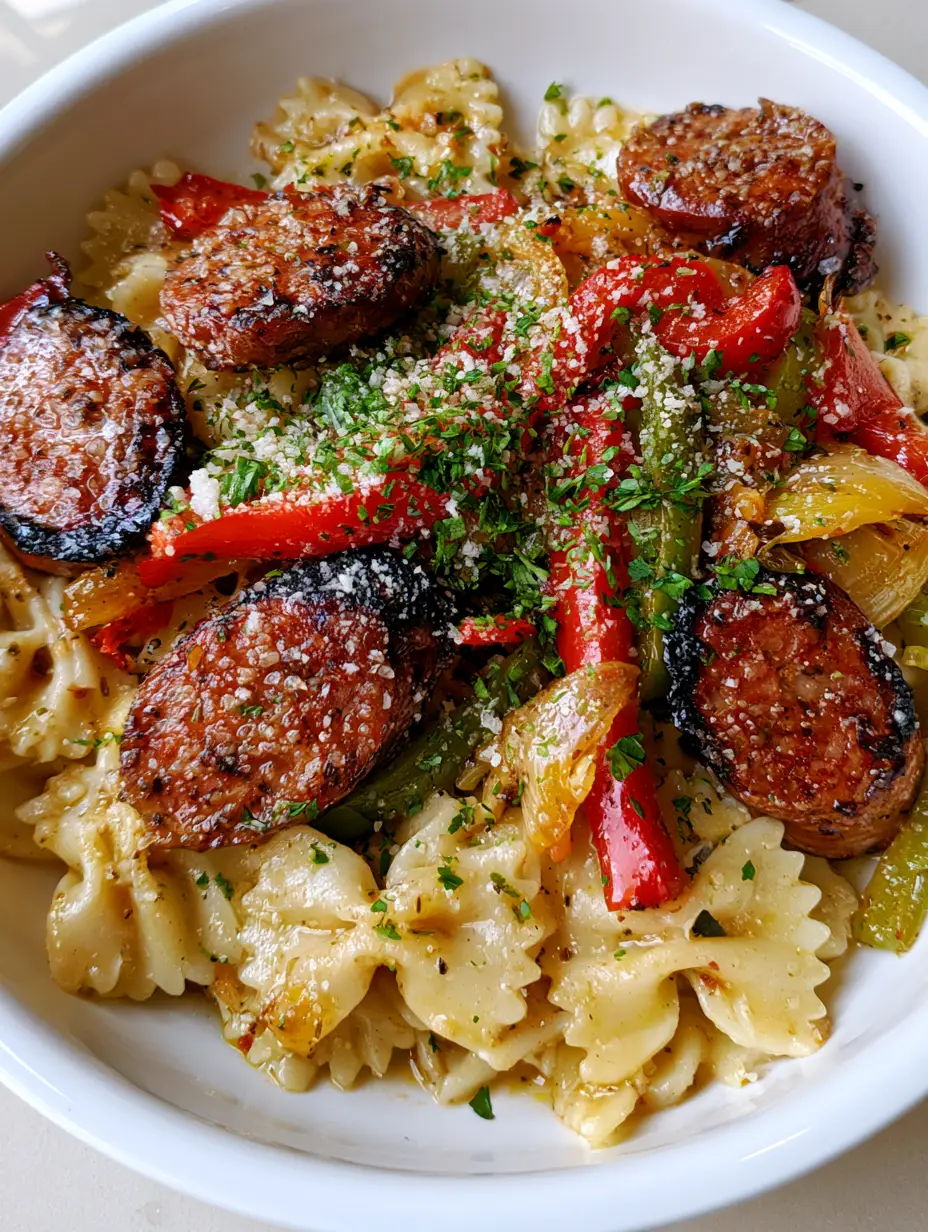 Nahaufnahme von Italienischer Salsiccia mit Farfalle in einer Keramikschüssel mit Petersilie und Parmesan.