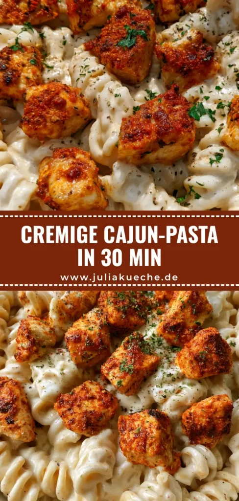 Cajun Hähnchen Pasta: Das ultimative cremige 30-Minuten-Feierabendessen 4 Draufsicht auf Cajun Hähnchen Pasta in einer weißen Schale mit cremiger Mozzarella-Sauce und Petersilie.