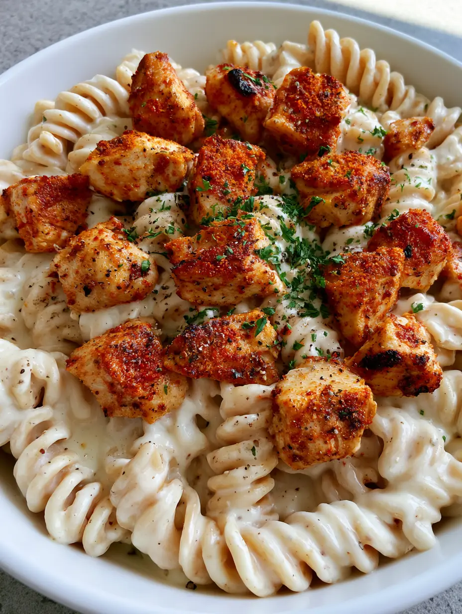 Cajun Hähnchen Pasta: Das ultimative cremige 30-Minuten-Feierabendessen 3 Nahaufnahme von Rotini Pasta in weißer Mozzarella-Sauce mit Cajun-Hähnchenstücken.