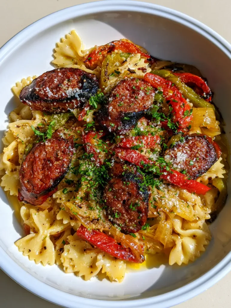 Handgehaltene Smartphone-Aufnahme einer Schüssel Pasta mit Salsiccia und Paprika in natürlichem Licht.