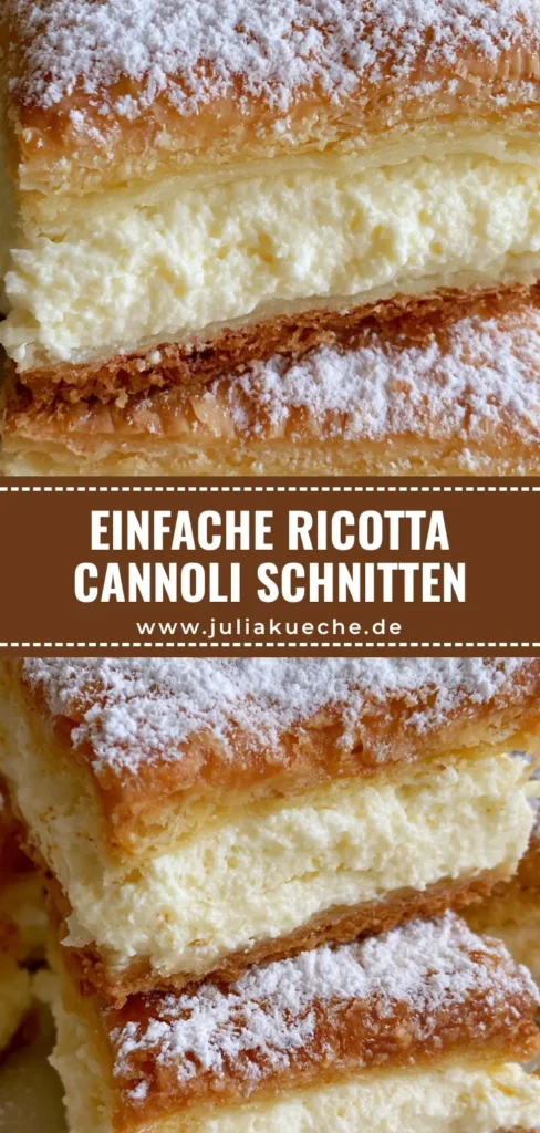 Ricotta-Cannoli-Schnitten: Das ultimative Rezept für knusprig-cremiges Dessert-Glück 4 Gestapelte Ricotta-Cannoli-Schnitten mit goldbraunem Teig und cremiger weißer Füllung, bestäubt mit Puderzucker.