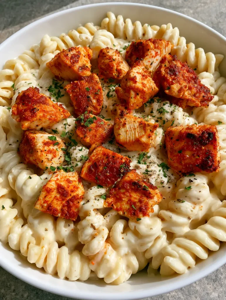 Cajun Hähnchen Pasta: Das ultimative cremige 30-Minuten-Feierabendessen 1 Cajun Hähnchen Pasta serviert in einer Schüssel mit viel frischer Petersilie und Pfeffer.